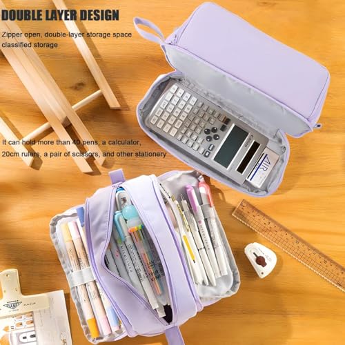 Image of Large Capacity Pencil Case 3 Compartments, Pencil Case with Zipper Portable Handle, Aesthetic Pencil Pouch Stationery Organizer for Office College School Teen Girl Boy (3 Compartments-Purple)