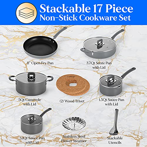 Image of NutriChef 5-Piece Skillet Set - NonStick Ceramic Frying Pans, Wok, Grill, Fry & Fish Pans - Compatible with Gas, Ceramic, Electtric, & Including Induction - Cool-Touch Handles, Dark Purple