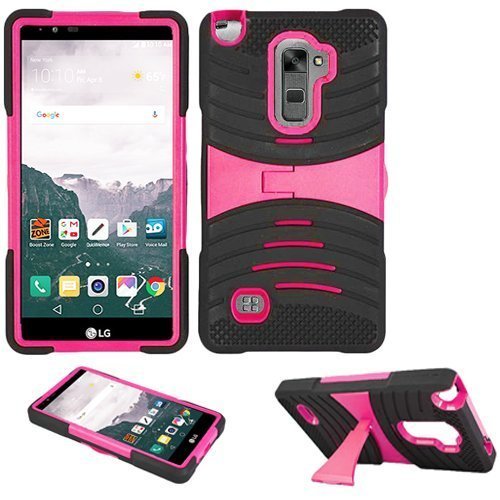 Phone Case for Straight Talk LG Stylo 2 4g LTE (Boost Mobile) / Verizon LG Stylo-2-V Rugged Heavy Duty Armor Cover Stand (Armor Black Skin-Pink Stand)