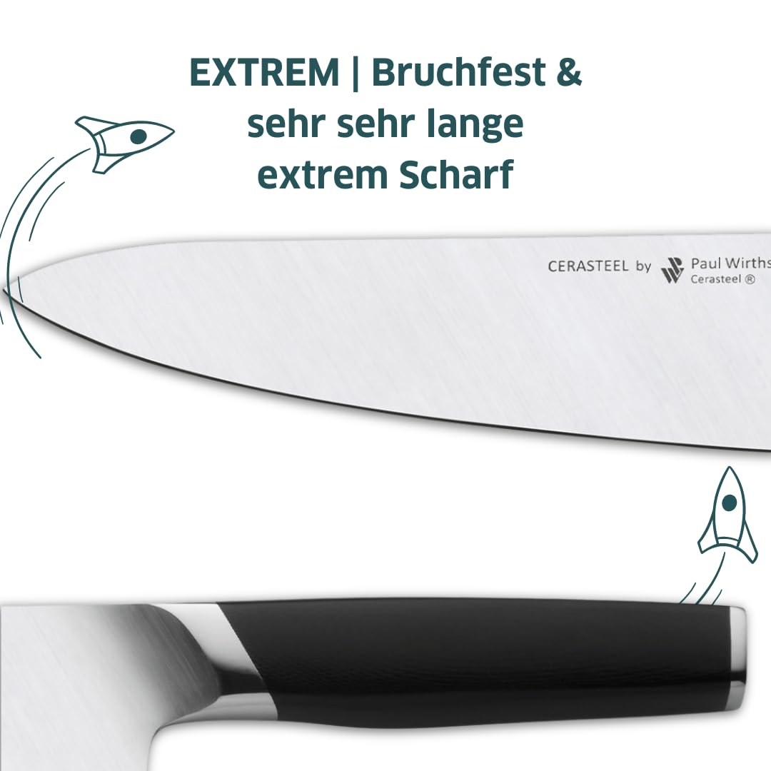 Paul Wirths Cerasteel Brotmesser, 20 cm, Keramik, Wellenschliff | Das Brotmesser überzeugt mit bruchfester Klinge, 62 Rockwell, G10-Fiberglas-Griff aus der Luft- und Raumfahrtforschung
