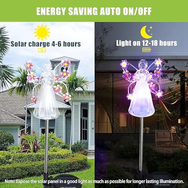 Flumy Solar Lights Outdoor Waterproof 2 Packs,Cemetery Grave Decorations,Memorial Gift,Christmas Yard Art,Solar Lights for Outside Gardening Supplies, Iron Winged Angel Light Solar Powered¨ÛPink