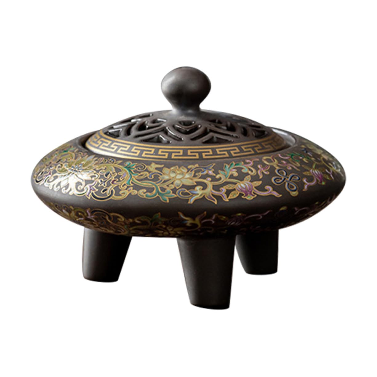 Keramik Räucherstäbchenhalter im Zarten Cloisonné Design Schwarz