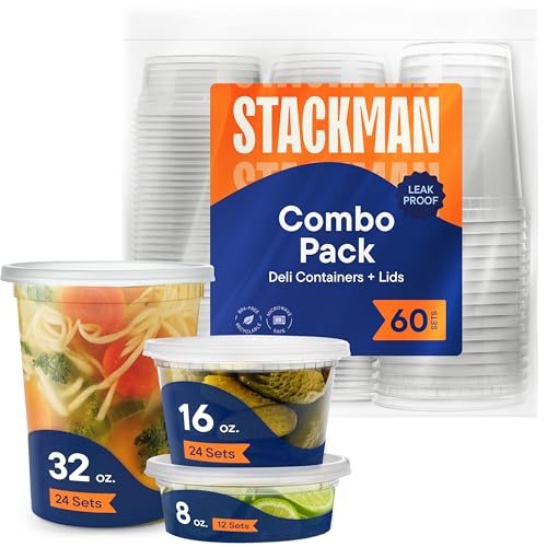 Stack Man [60-Sets] Plastic Deli Food Storage Containers with Airtight Lids Combo Set | 32 oz | 16 oz | 8 oz. | Disposable Plastic Takeout Containers for Soup - Freezer, Microwave and Dishwasher Safe