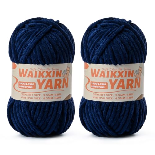 Image of (2 Navy Blue) 2 Pack Super Soft Fuzzy Chenille Chunky Yarn for Crocheting, 200g (175yds) Velvet Fluffy Amigurumi Yarn for Hand Knitting Baby Blankets Weaving Craft