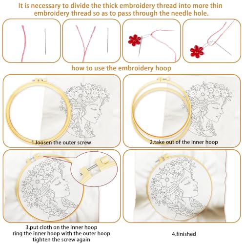 Image of BEUNITONE 4 Set Embroidery Kits for Beginners Adult with Pre-Print Pattern | 7.9x7.9 inch Include Embroidery Cloth Hoops Threads for Craft Lover, Beautiful Flower Lady Pattern for Women Home Decor