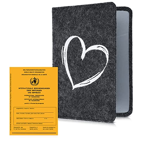 kwmobile Funda para cartilla de vacunación - Estuche protector de fieltro con tapa para pasaporte de vacunas europeo - dibujo de corazón