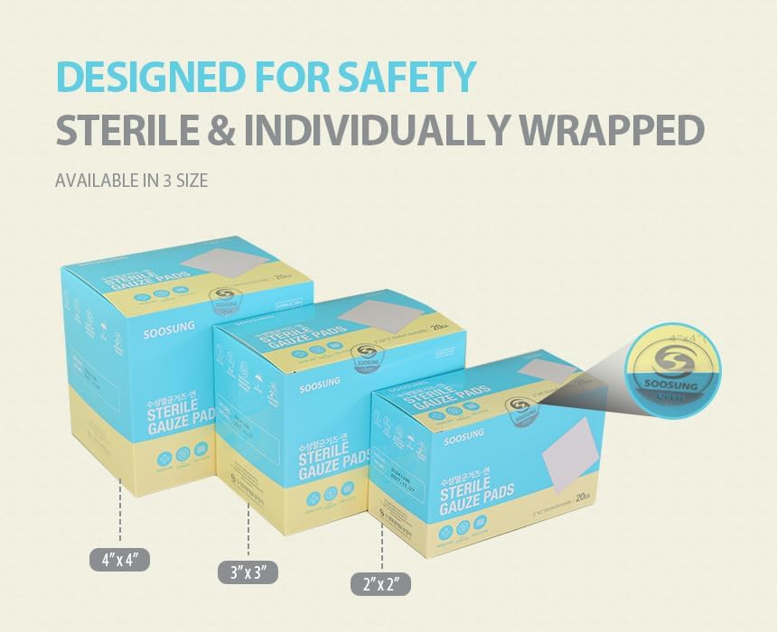 Miniatura 3 de Gasa estéril de grado médico de 3 x 3 pulgadas, 5 almohadillas por paquete (20 paquetes por caja, 100 almohadillas en total), embalaje estéril y