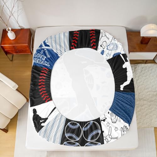 Image of Castle Fairy Patchwork Baseball Bed Sheet Set 2 Pillowcases,Sports Geometric Grid Blue Sheets Set,Baseball Player Room Decor Sheet Sets with Deep Pocket,Top Flat Sheet,King Size