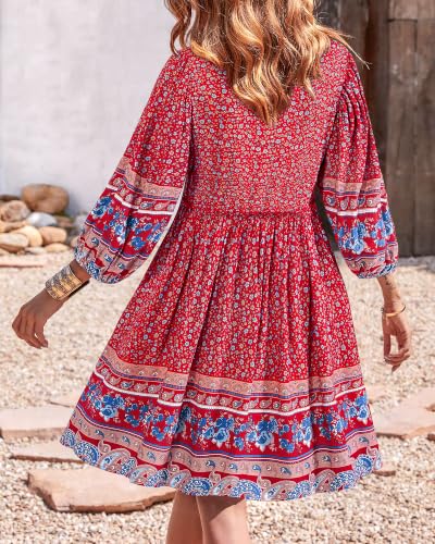 Image of BTFBM Women Casual Spring Summer Dresses V Neck 3 /4 Long Sleeve Ruffle Floral Flowy Boho Babydoll Mini Short Beach Dress