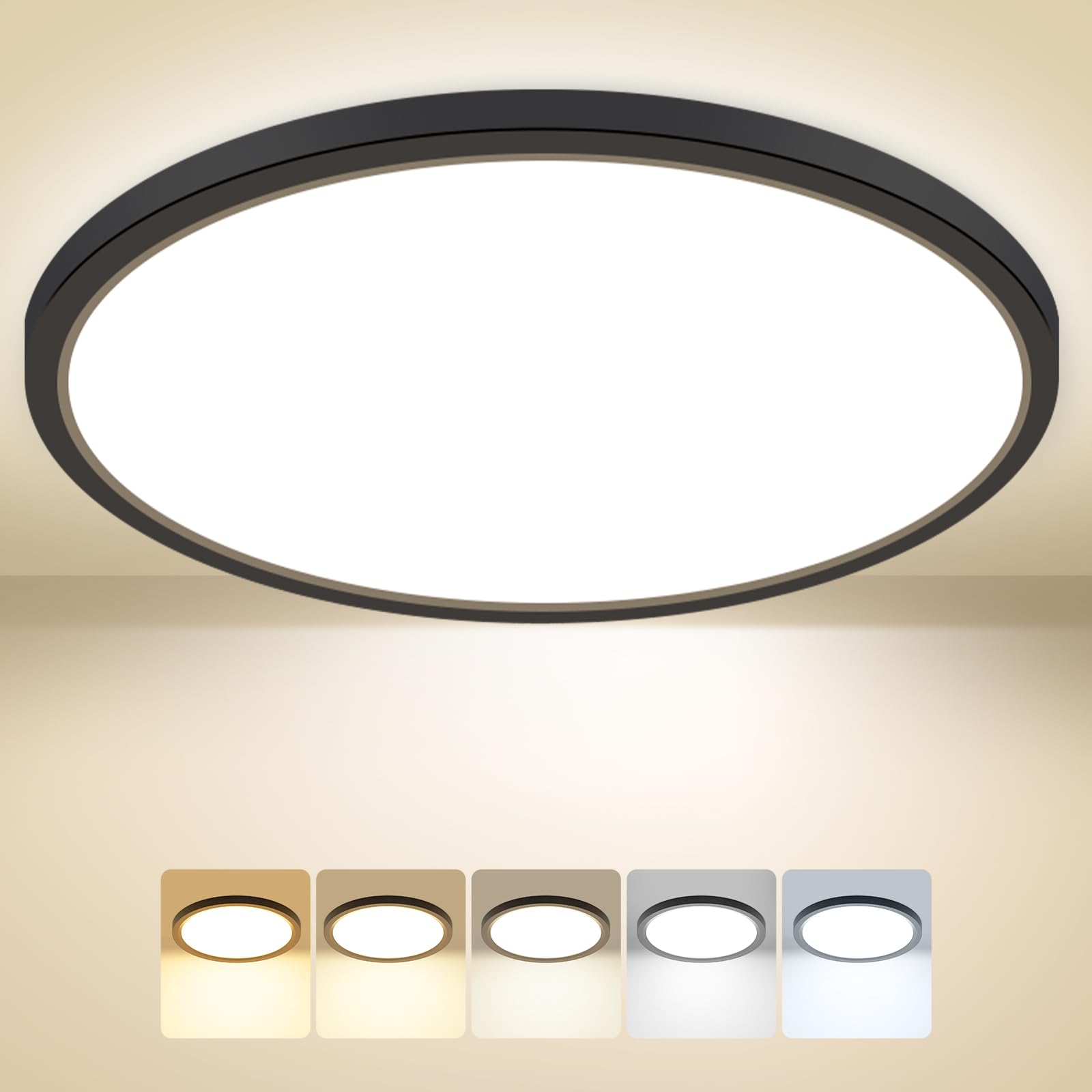 Peasur Deckenlampe LED Deckenleuchte Flach,5Farben-3000/3500/4000/5000/6500K,IP54 Wasserfest Badezimmer Lampe Decke,24W Modern Rund Lampe für bad flur schlafzimmer keller Wohnzimmer,33*1.6cm,,Schwarz