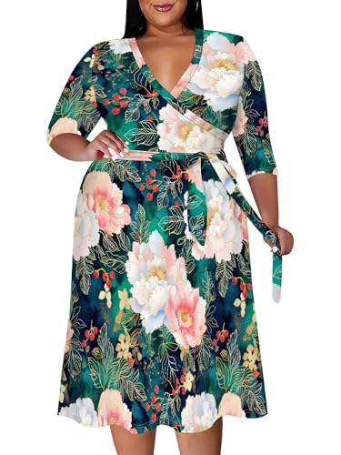 Image of PinkPatty Women's Plus Size Maxi Dress Print 3 /4 Sleeves V Neck Party Sundress Wedding Guest Dresses