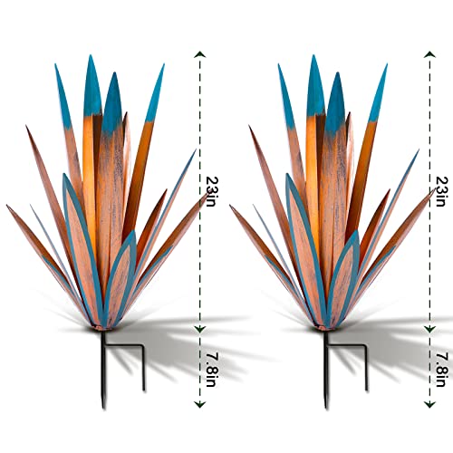 Image of TOMBABY Large Leaf Thickened Metal Agave Plant Outdoor Decoration Desert Courtyard Art Plant Garden Decoration Outdoor Metal Art Floral Gift for Yard (2, Blue)