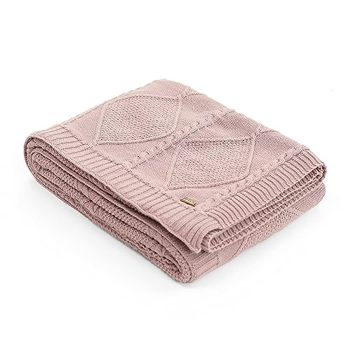 Image of Pluchi Cable Moss Cotton Knitted All Season AC Throw Blanket (125cm X 150cm) (Dull Rose)