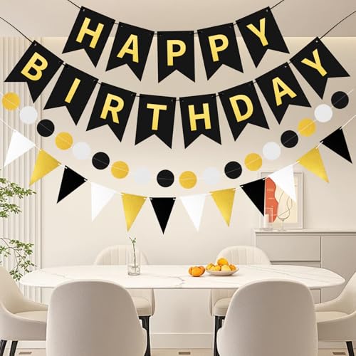 Image of Black Gold Happy Birthday Banner Hanging Sign Circle Dot Triangle Bunting