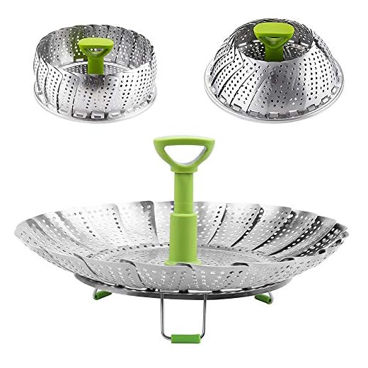 Vegetable Steamer Basket, Stainless Steel Folding Steamer with Extending Removable Center Handle Insert for Veggie Seafood Cooking to Fit Various Size Pot (6.4" to 10")