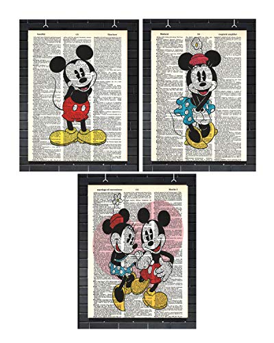 Vintage Disney Wall Art Set of (3) Mickey Mouse Minnie Mouse Dictionary Art Prints