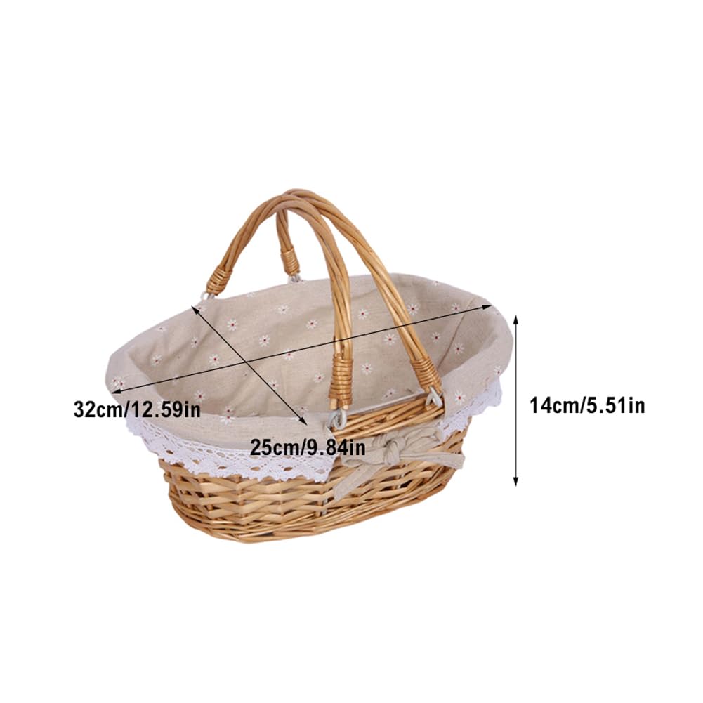 Wicker Picnic Basket with Double Folding Handles, Picnic Baskets with Liner for Outdoor Picnics, Fruit, Candy, Wine, Gathering, Wedding
