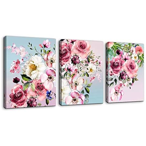Flower Canvas Wall Art for Bedroom Woman Wall Decor Pink White Flowers Picture 3 Piece Framed Artwork Modern Plant Floral Canvas Prints for Kitchen Home Bathroom Girls Room Wall Decoration 12"x16" Cover