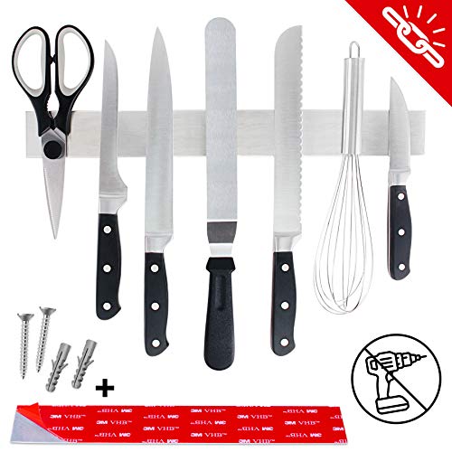 Soporte cuchillos cocina - Barra magnética porta cuchillos de cocina, montaje en pared sin taladro con banda adhesiva 3M VHB, acero inoxidable, 40 cm