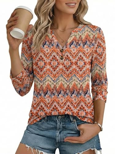Cuptacc T-Shirt Damen Modisch 3/4 Arm Shirt Blusen Elegantes Oberteil Festliche Blusen Damen zur Hochzeit Orange-Welle M 38-40