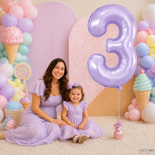 Image of KatchOn Pastel Purple Number 3 Balloon - 40 Inch Birthday Party Decorations