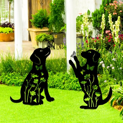 YiYa 2 Stück Metall-Gartendekoration Metall Hund Garten Dekoration Hund Animal Garden Stakes Gartendeko für Outdoor Rasen Tier Rasen Dekoration Schwarz Dekor