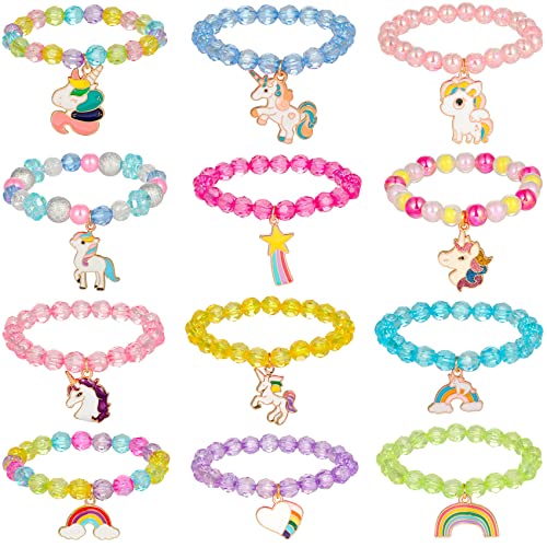 Spiritlele 12 Pieces Unicorn Bracelets Rainbow Star Heart Charm Beaded Strand Stretch Bracelet Wristband Set Princess Party Favors