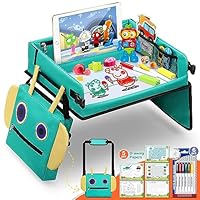 Joujou Kids Travel Tray, 2 in 1 Play Tray with Robot Backpack and Erasable Drawing Surface Car Seat 6 Colors Pens 5 Educational Papers, Boys Girls Game for Car/Stroller/Airplane, Green