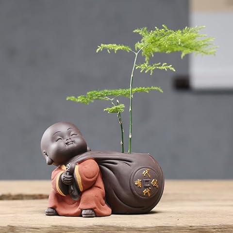 EVECILOO Ceramic Laughing Buddha Statue Purple Clay Maitreya Buddha Statue Happy Baby Buddha Statue Monk Figurine Office Desktop Mini Statue Tea Ornaments Home Decor Decoration (Style R) Cover