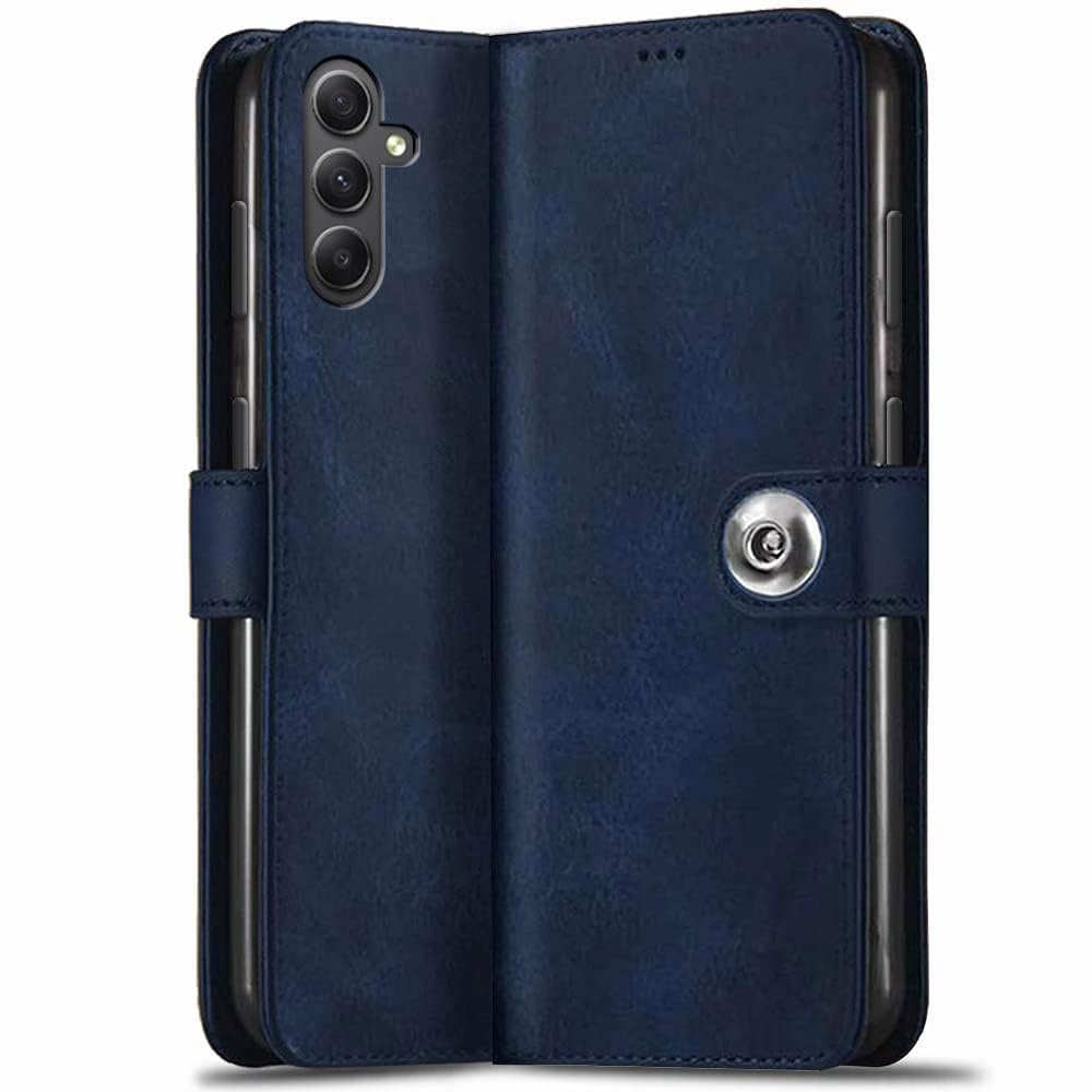 Coverage Leather Finish Flip Cover for Samsung A34 5G -SM-A346E | Inside Back TPU & Stand | Wallet Button Magnetic Closure for Samsung Galaxy A34 5G - Navy Blue-image-2