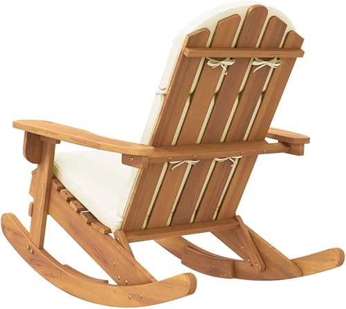 Miniatura 6 de Adirondack Rocking Chair Outdoor Natural Acacia Wood Brown 41.3 x 29.5 x 35.4 in Cream White Cushions for Garden Patio Balcony Porch Camping Chair