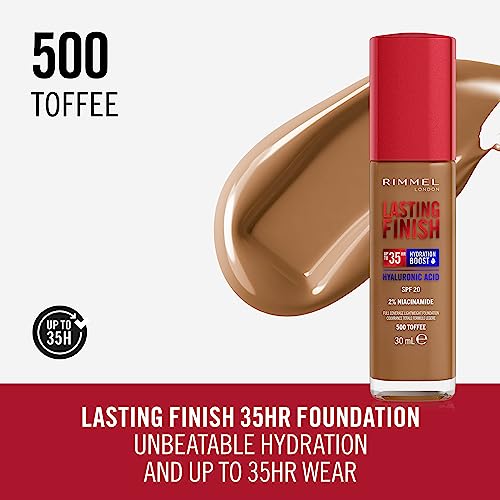 Rimmel Lasting Finish 35Hr Foundation 500 Toffee, Full Coverage, Hydrating, SPF20, Hyaluronic Acid, Vitamin E, 2% Niacinamide - Image 2
