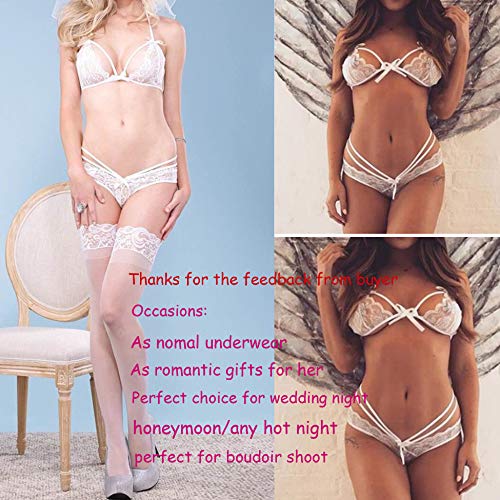 Avidlove Womens Sexy Bridal Lingerie Lace Floral Babydoll Stretch Strappy Set with Cute Bowknot Mesh Thong White S