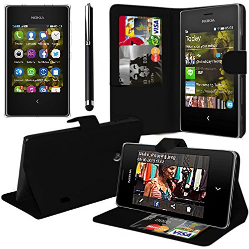 Nokia Asha 503 Étui HCN PHONE® Housse Portefeuille Etui Clapet Folio Livre Rabat Support Intégré pour Nokia Asha 503 + stylet - NOIR