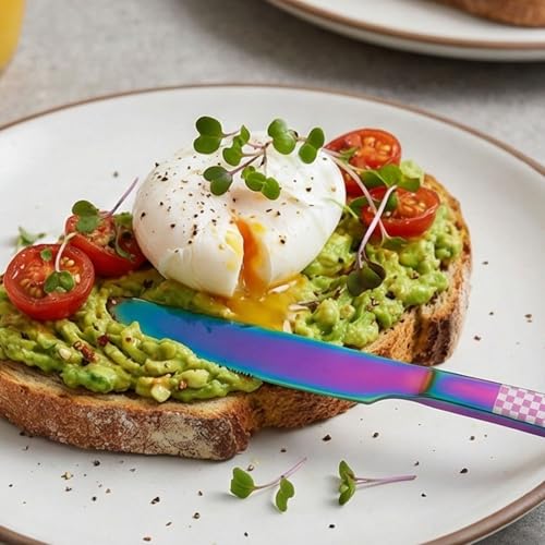Image of 9 inch Rainbow Steak Knives Set of 5 with Checks Printed Handle ? Durable Stainless Steel Dinner Knife, Mirror Polished Silverware, Perfect for Home, Restaurant, and Gifting