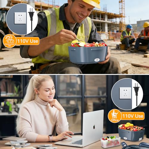 Image of Vingud Electric Lunch Box for Adults, Heated Lunch Box Food Warmer, 80W Portable Heating Lunchbox for Work /Car /Truck, 12 /24 /110V Lonchera Electrica Portatil Christmas White Elephant Gifts, Blue Gray