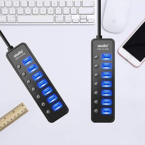 Atolla Hub USB 3.0 7 Porte alimentato Multi Porta USB + 1 Porto ricarica intelligente con Tasti di Accensione/Spegnimento e LED illuminata e adattatore di alimentazione(nero) - Hub USB - Immagine 5