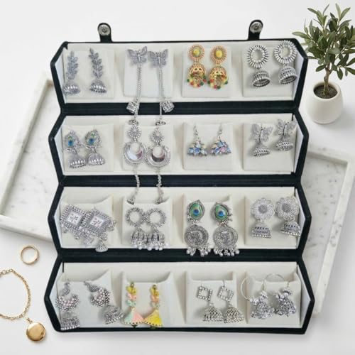 Image of Oxidised Look Jhumka Earrings Folder Box for Women | 16 Pairs Traditional Ethnic Jhumki Combo Gift Hamper with Velvet Box | Festive Wedding Jewellery | Gift for Girls & Women For Birthday,Anniversary,Rakshabandhan,Mother's Day,Valntine's Day