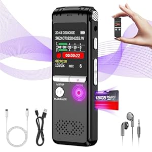 128GB Digital Voice Activated Recording Device, 1536Kpbs Diktiergerät Aufnahmegerä mit Playback, Intelligente Geräuschunterdrückung, Voice Recorder für Meetings, Klassen, Interview, Vortrag, MP3