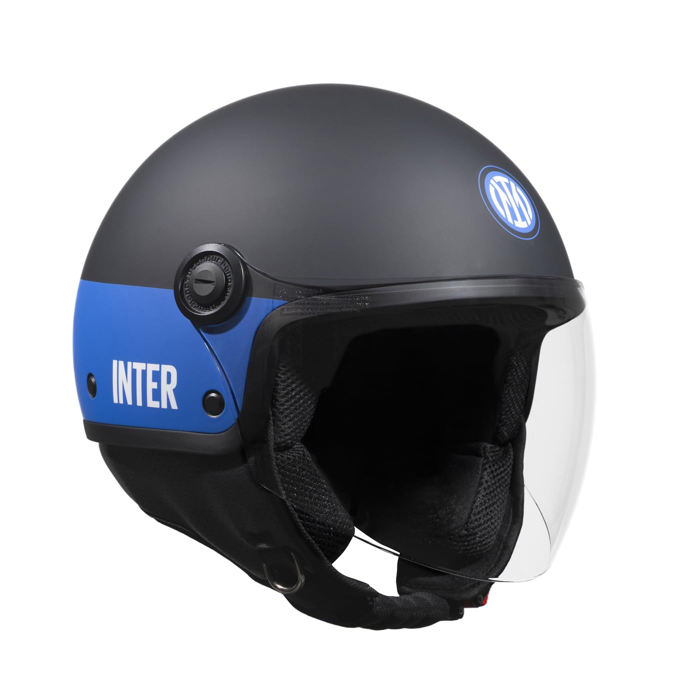 Tucano Urbano casco demi jet unisex EL'JETTIN INTER. Casco moto in policarbonato con grafica originale Inter FC. Casco estate inverno omologato ECE 22.06. Prodotto con Licenza Ufficiale. Nero Tg. S