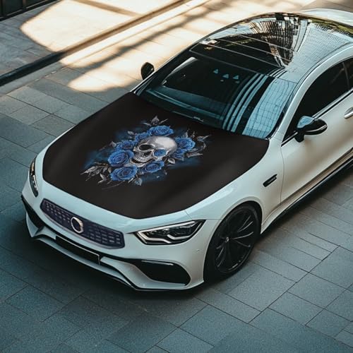 Image of Hood Covers for Cars All-Season Protection Fabric Skull and Flower Hood Cover Stretch Polyester Fabric Cover Removable Automotive Accessories Ft Fits Most Cars