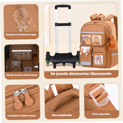 Mochila de capybara con ruedas de gran capacidad escolar con mango retráctil y detalles reflectantes 5