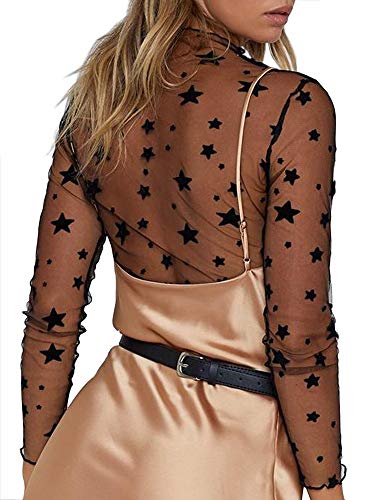 Eliacher Women Sexy Clubwear Mesh Sheer See Through Long Sleeve Crop Tops (L, Black StarL)