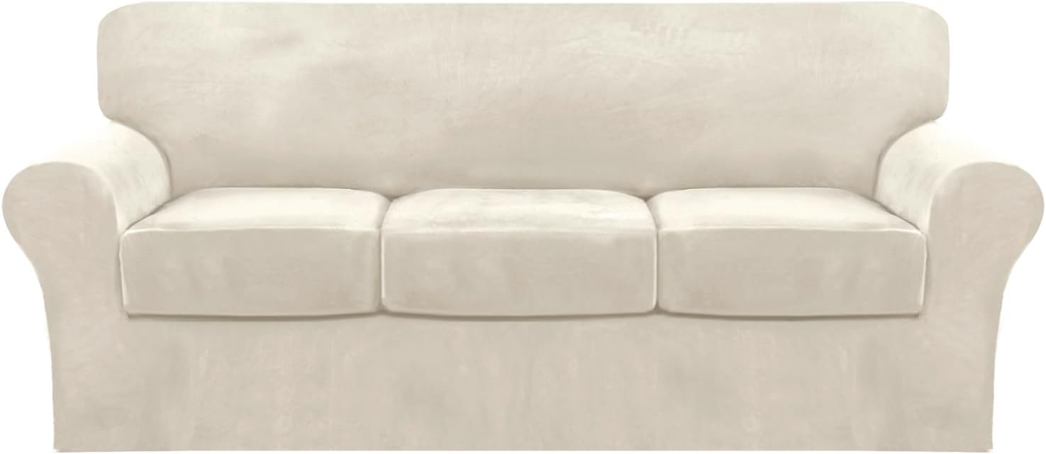 FantasDecor 4 Piece Sofa Velvet Couch Covers for 3 Cushion Stretch Slipcover with Individual Seat Cushion Elastic Furniture Protector for Pets, Machine Washable (Sofa, Ivory) 3 Cushion Sofa Ivory