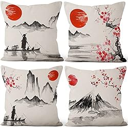 Almohada Japonesa Del Amor Aoihrraan 41x41cm Juego de 4 Japonés Fundas de Cojin Rojo Sol En Blanco Y Negro Paisaje Monte Fuji Cuadrado Lino Funda De Almohada Taberna Japonesa Cama Tatami Dormitorio Exterior Jardín Sofá Coche