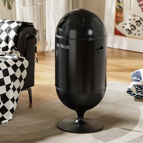 Image of MRBIN Metal Trash Can with Lid, 5.3 Gallons / 20L Medium Decorative Waste Basket, Round Tall Garbage with High Leg for Bathroom, Office, Bedroom, Kitchen, Black