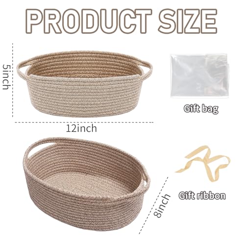 Image of JMvicyroam Small Woven Basket, Empty Gift Basket, Oatmeal /1 Pack | Small Gift Basket, Cotton Rope, 12 x 8 x 12 in, Handles, Includes Ribbon and Bag, Birthday Gift Basket