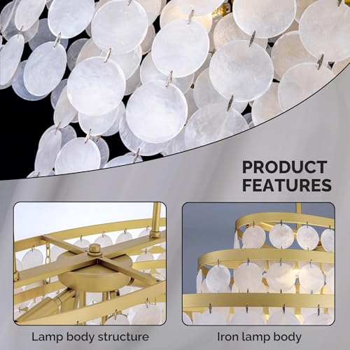 Wellmet Chandelier for Dining Room,Modern Coastal Chandelier Gold, Capiz Shell Light Fixture, Boho Pendant Lights Over Kitchen Island, Living Room Ceiling Lighting 40 Inch - Image 5