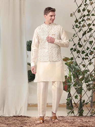 Mens Indian Traditional Silk Kurta Set With Jacket For Men Floral Design (C-112)2