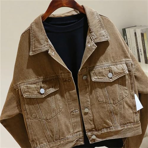 Vintage Brown Denim Jacket Women Long Sleeve Big Pocket Outerwear Lapel Short Style Jean Jacket3